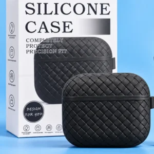 Black silicone case packaging for wireless earbuds featuring shock absorption, anti-fingerprint, and anti-lost travel design, ideal as lightweight earbuds for daily commuting.