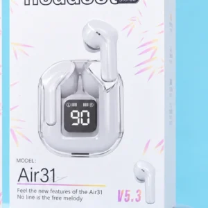 Air31 transparent long battery life earbuds with charging case, jo best Bluetooth earbuds for calls and music ke liye design kiye gaye hain.