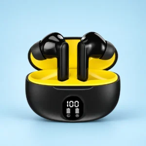 Black and yellow wireless earbuds inside a charging case with a digital battery percentage display, ideal as long battery life earbuds with charging case.