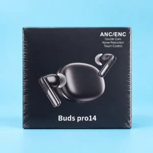 Buds pro14 black packaging jisme ANC/ENC aur Touch Control features hain, jo budget earbuds with active noise cancellation talash karne walon ke liye best hain.
