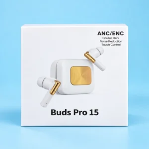 Buds Pro 15 white and gold packaging featuring ANC/ENC, ideal as budget earbuds with active noise cancellation.