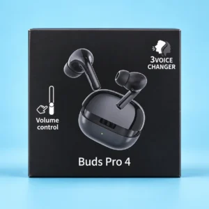 Buds Pro 4 black packaging jisme volume control aur 3Voice Changer mojood hai, jo Bluetooth earbuds with separate volume controls dhoondhne walon ke liye best hai.