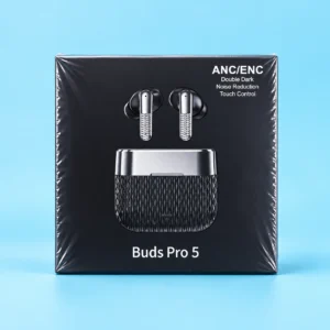 Buds Pro 5 black packaging jisme ANC/ENC aur Double Dark Noise Reduction features hain, jo budget earbuds with active noise cancellation talash karne walon ke liye best hain.
