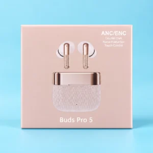 Buds Pro 5 rose gold packaging jisme ANC/ENC aur Touch Control features hain, jo budget earbuds with active noise cancellation talash karne walon ke liye best hain.
