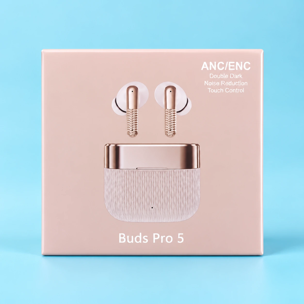 Buds Pro 5 rose gold packaging jisme ANC/ENC aur Touch Control features hain, jo budget earbuds with active noise cancellation talash karne walon ke liye best hain.