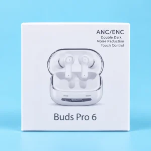 Buds Pro 6 white packaging jisme ANC/ENC aur Touch Control features hain, jo budget earbuds with active noise cancellation talash karne walon ke liye best hain