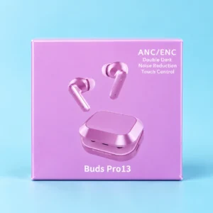 Buds Pro13 purple packaging jisme ANC/ENC features hain, jo budget earbuds with active noise cancellation dhoondhne walon ke liye best hai.