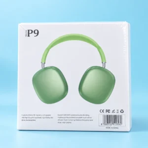 P9 green headset packaging, jo un logon ke liye ek behtareen mutabadil (alternative) hai jo comfortable wireless earbuds for small ears talash kar rahe hain.