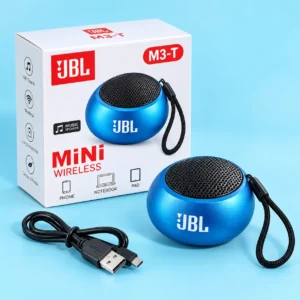 JBL M3-T blue mini wireless speaker packaging with a carrying strap and USB cable, ideal as a compact Bluetooth speaker with long battery backup.