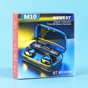 M10 true wireless headset packaging jisme digital indicator mojood hai, jo un logon ke liye behtareen hai jo waterproof earbuds for gym and running talash kar rahe hain.