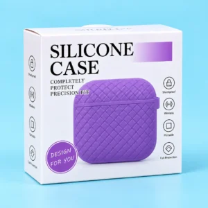 Purple silicone case packaging for wireless earbuds featuring a shockproof and portable design, ideal as lightweight earbuds for daily commuting.