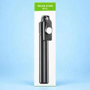 Alternative Text: Selfie Stick R1-L packaging box featuring a compact black mobile tripod and remote holder design, ideal as a compact tripod for mobile vlogging outdoors.