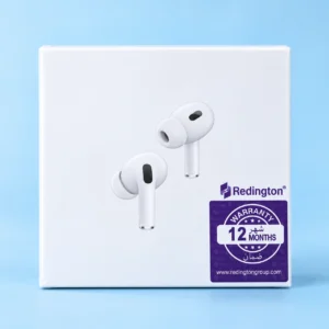 Alternative Text: White wireless earbuds packaging featuring a Redington 12 Months Warranty sticker, ideal as affordable wireless earbuds with noise cancellation.