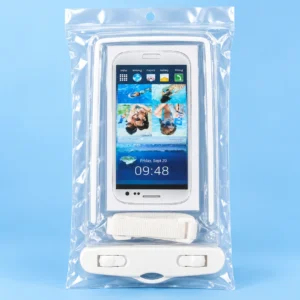 Alternative Text: Transparent waterproof phone pouch packaging with a secure white locking mechanism and lanyard, ideal as waterproof earbuds for gym and running or outdoor phone protection.