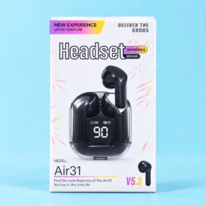 Air31 black wireless headset packaging, jo lightweight earbuds for daily commuting ke liye ek behtareen intekhab hai.